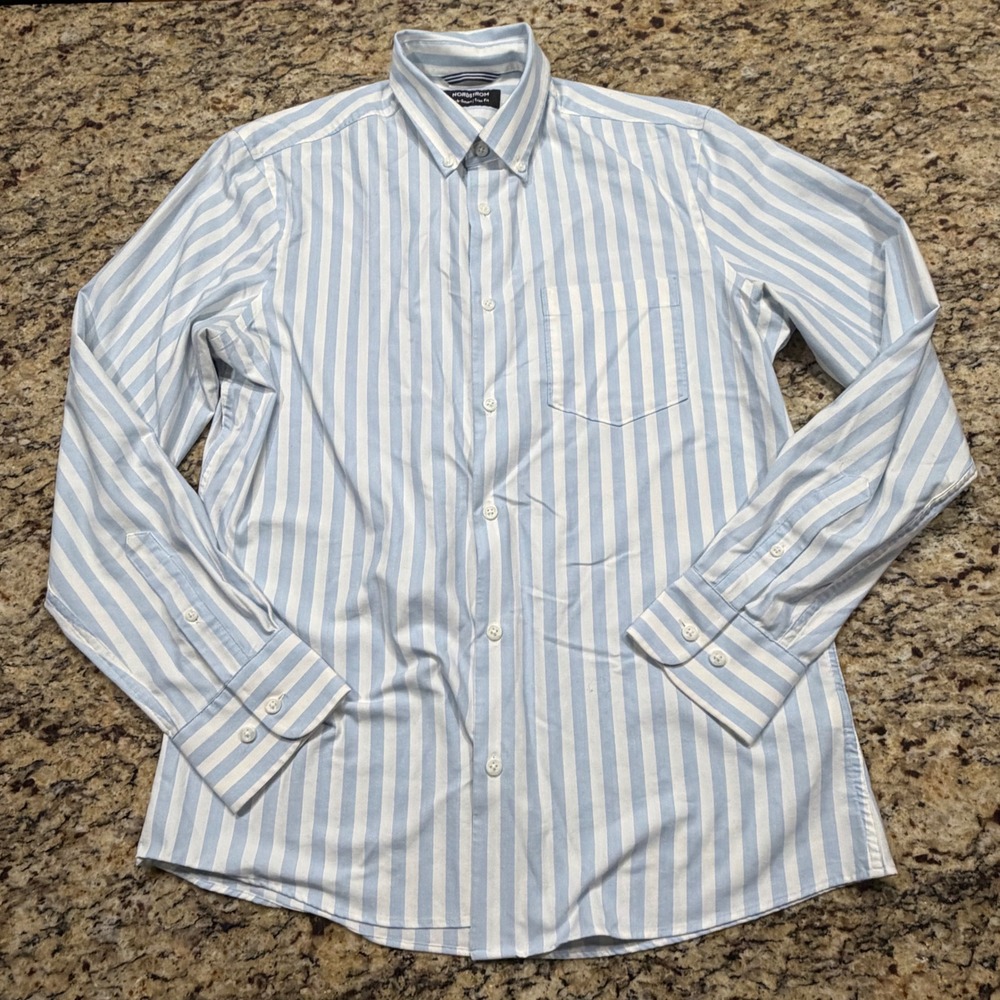 Nordstrom Tech-Smart Trim Fit Mens Blue White Striped Button Down Shirt M ws
